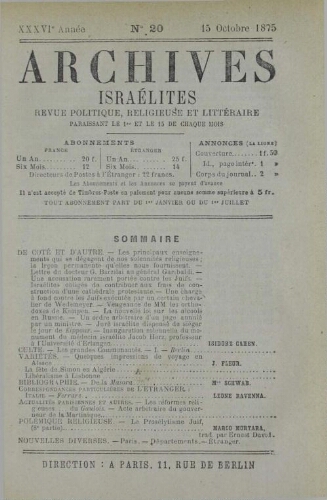 Archives israélites de France. Vol.36 N°20 (15 oct. 1875)